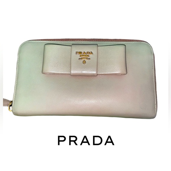 Prada Saffiano Ribbon Leather Zip Wallet Mint Green Color - Picture 1 of 9